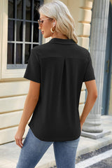 Pocketed Johnny Collar Short Sleeve Blouse - Trendsi - Flyclothing LLC