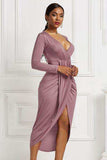 High-low Ruched Surplice Long Sleeve Dress - Trendsi - Flyclothing LLC