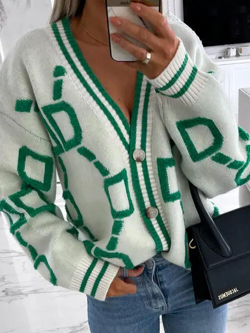 Geometric Dropped Shoulder Button Down Cardigan - Trendsi - Flyclothing LLC