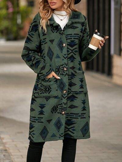 Geometric Pocketed Dropped Shoulder Coat - Trendsi - Flyclothing LLC