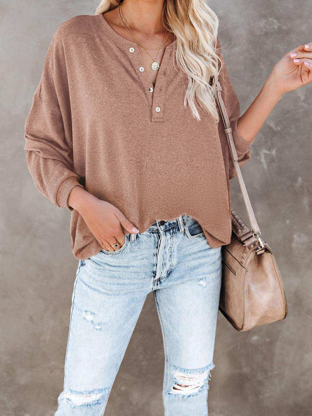 Buttoned Drop Shoulder Top - Trendsi - Flyclothing LLC