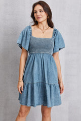 Smocked Square Neck Mini Denim Dress - Flyclothing LLC