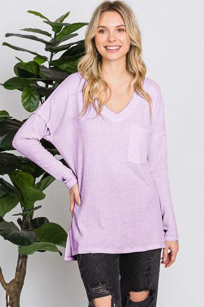 Reborn J Waffle Knit V-Neck Long Sleeve T-Shirt - Trendsi - Flyclothing LLC