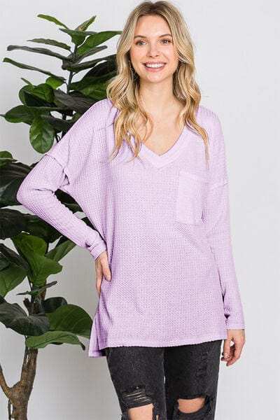 Reborn J Waffle Knit V-Neck Long Sleeve T-Shirt - Trendsi - Flyclothing LLC