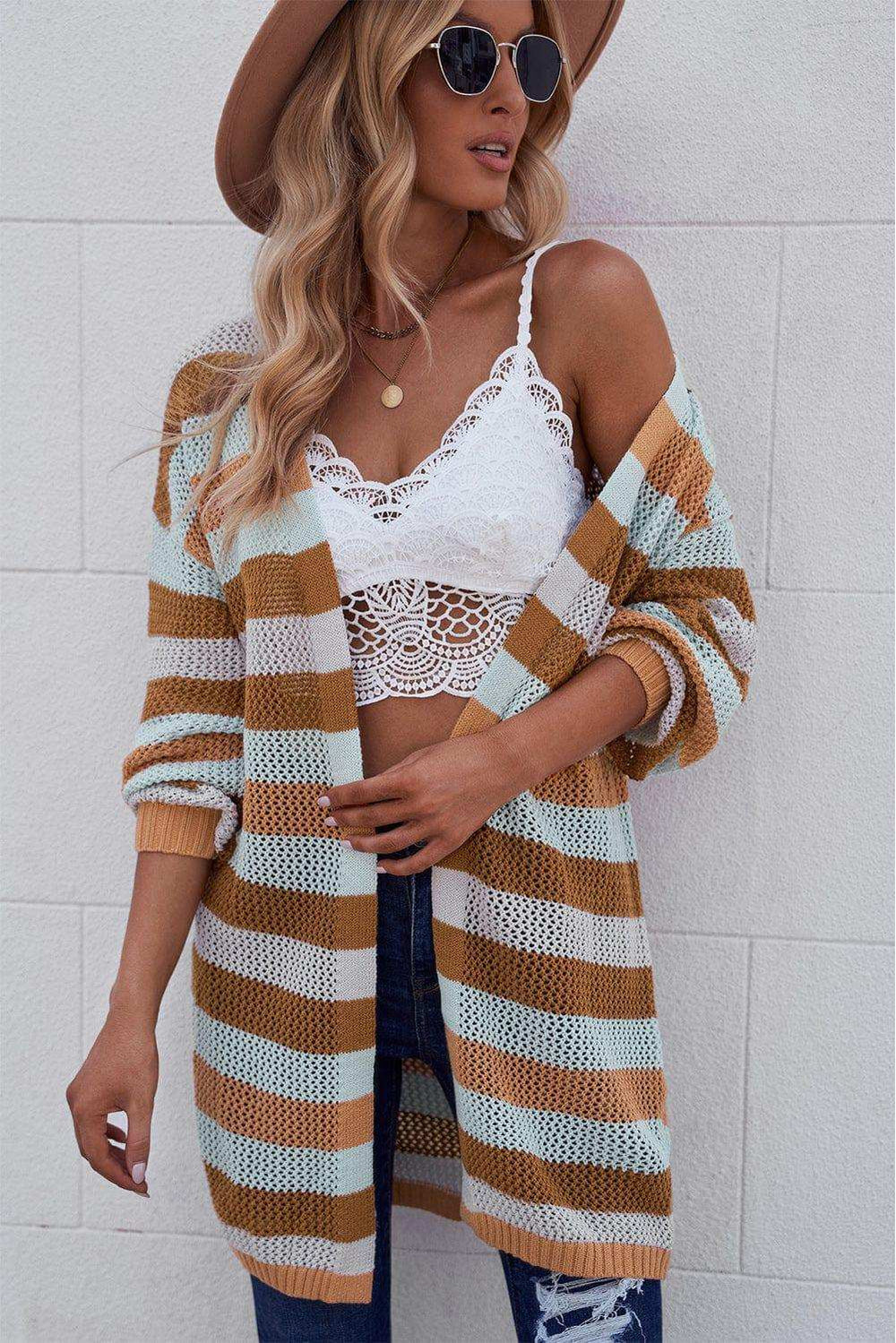 Full Size Striped Long Sleeve Openwork Cardigan - Trendsi - Flyclothing LLC