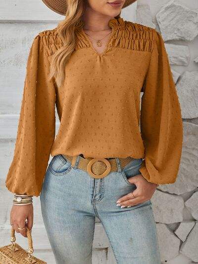 Ruched Swiss Dot Notched Balloon Sleeve T-Shirt - Trendsi - Flyclothing LLC