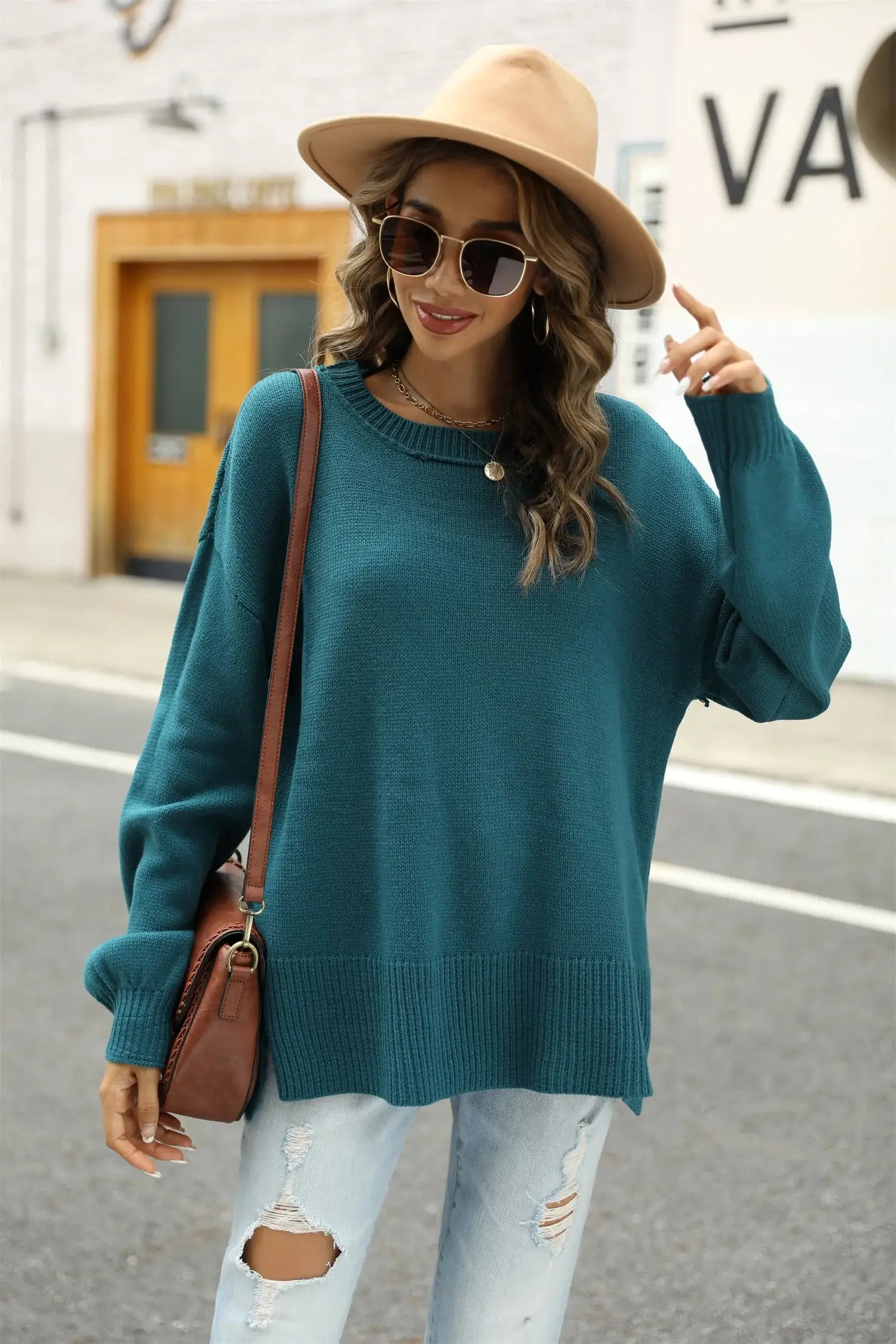 Round Neck Dropped Shoulder Slit Sweater - Trendsi - Flyclothing LLC