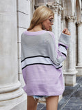 Striped Horizontal Ribbing Long Sleeve Tunic Sweater - Trendsi
