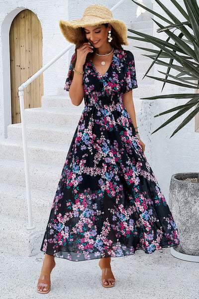 Smocked Floral V-Neck Short Sleeve Dress - Trendsi - Flyclothing LLC