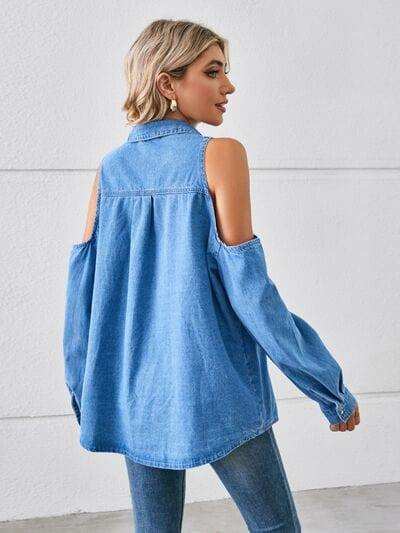 Cold Shoulder Pocketed Button Up Denim Jacket - Trendsi - Flyclothing LLC
