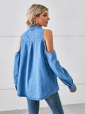 Cold Shoulder Pocketed Button Up Denim Jacket - Trendsi