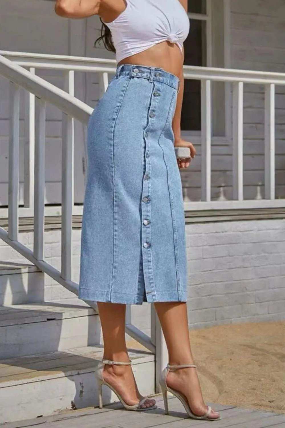 Button Fly Split Denim Skirt - Trendsi - Flyclothing LLC