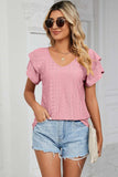 Eyelet V-Neck Short Sleeve T-Shirt - Trendsi - Flyclothing LLC