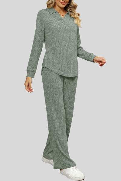 Ribbed Long Sleeve Top and Pocketed Pants Set - Trendsi - Flyclothing LLC
