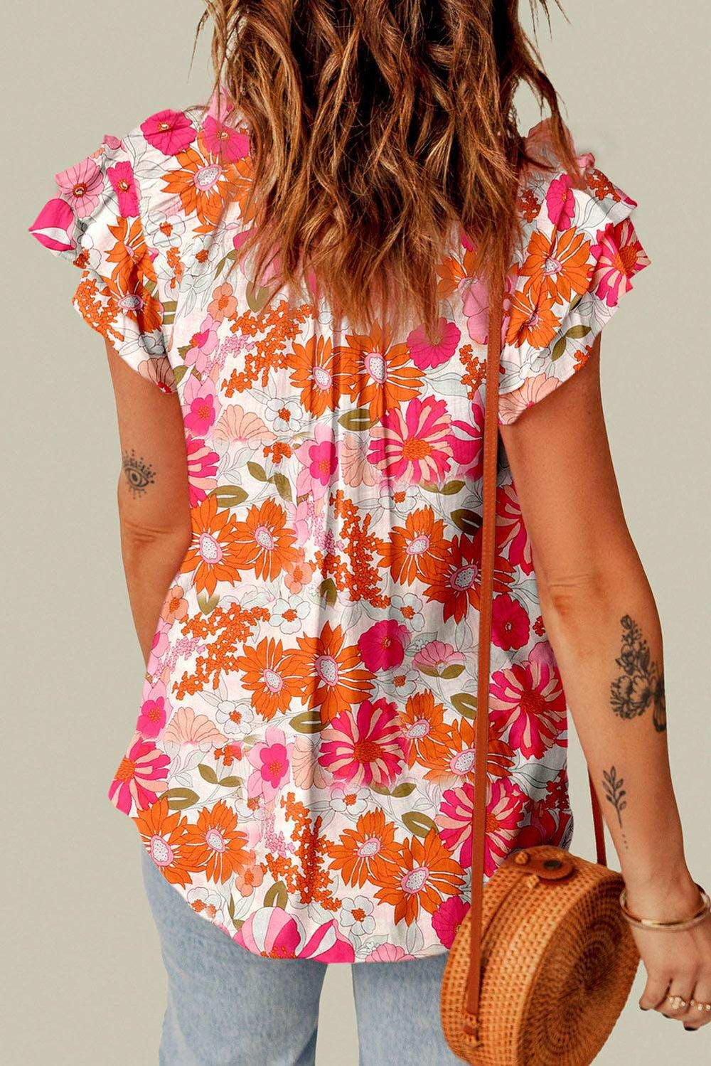 Floral Tie Neck Flutter Sleeve Blouse - Trendsi - Flyclothing LLC