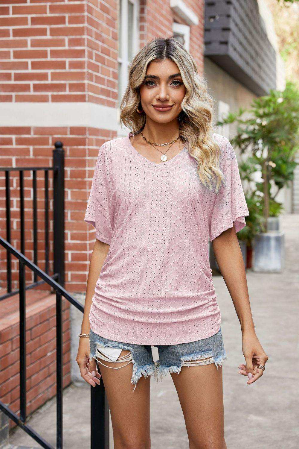 Flutter Sleeve Eyelet Gathered Detail Top - Trendsi - Flyclothing LLC
