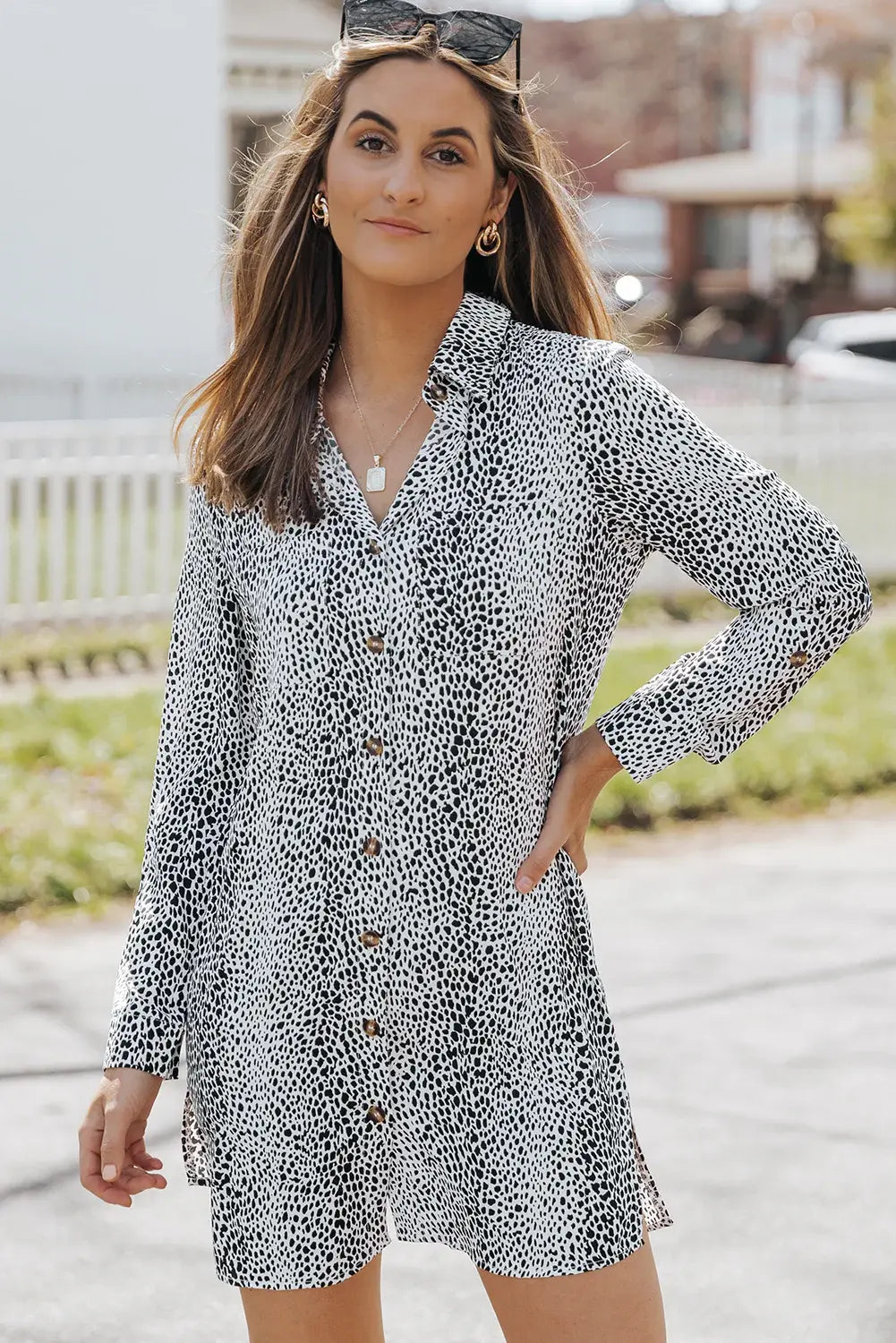 Printed Collared Neck Slit Mini Dress - Trendsi - Flyclothing LLC