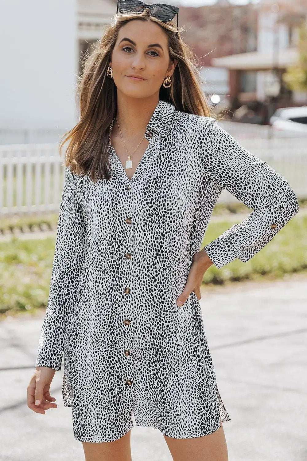 Printed Collared Neck Slit Mini Dress - Trendsi - Flyclothing LLC