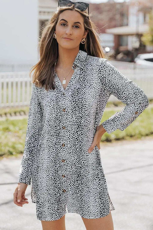 Printed Collared Neck Slit Mini Dress - Trendsi - Flyclothing LLC