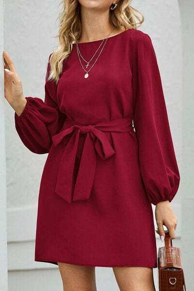 Tied Boat Neck Balloon Sleeve Mini Dress - Trendsi - Flyclothing LLC