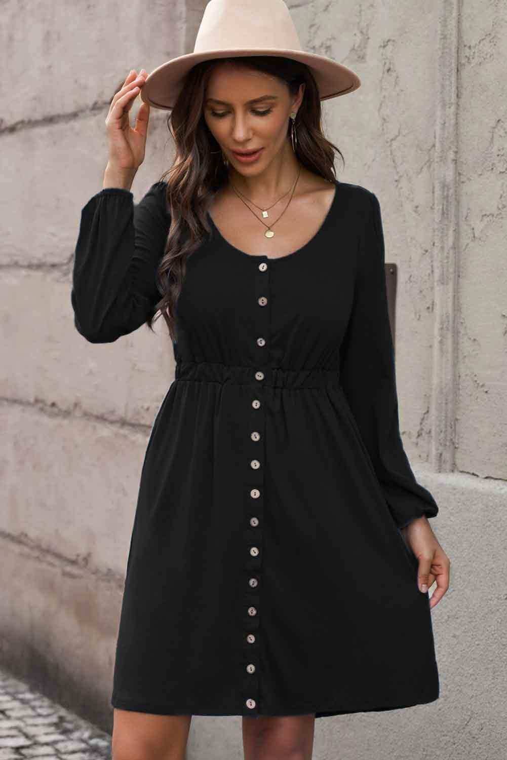 Scoop Neck Empire Waist Long Sleeve Mini Dress - Trendsi - Flyclothing LLC