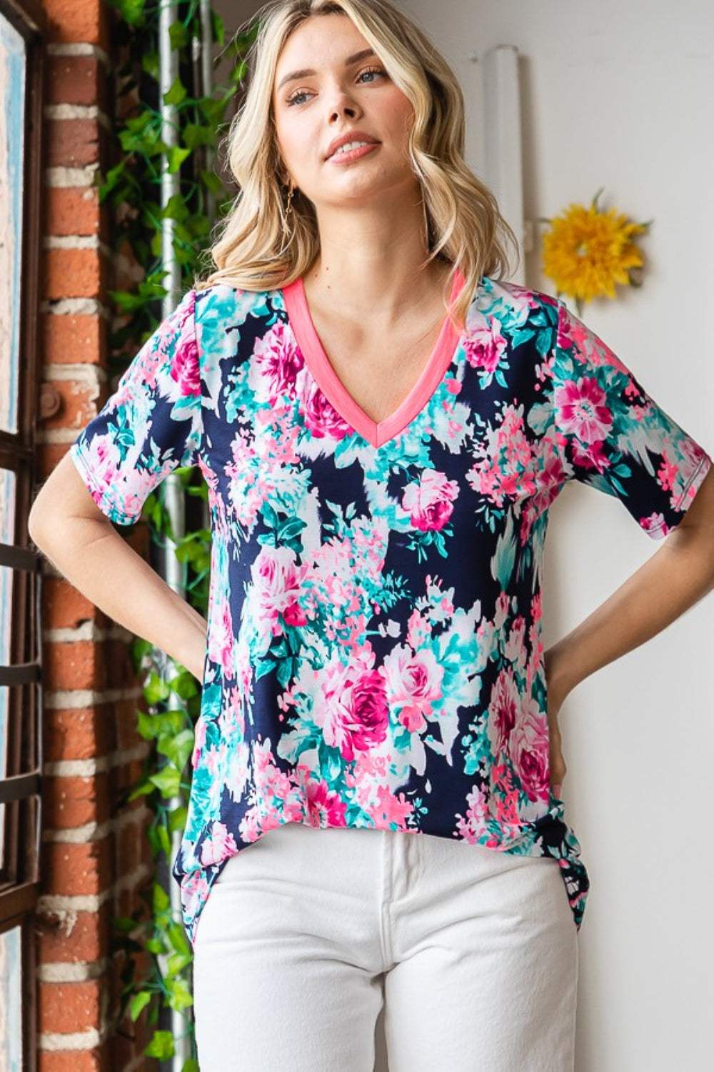 Heimish Full Size Floral V-Neck Short Sleeve T-Shirt - Trendsi - Flyclothing LLC