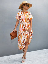 Round Neck Short Sleeve Tie Waist Midi Dress - Trendsi - Flyclothing LLC