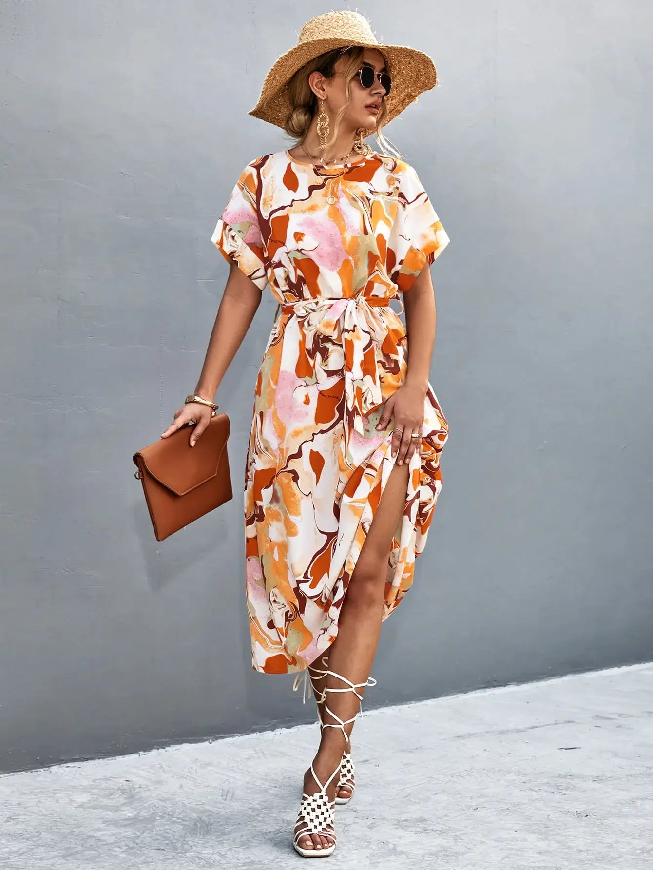 Round Neck Short Sleeve Tie Waist Midi Dress - Trendsi - Flyclothing LLC
