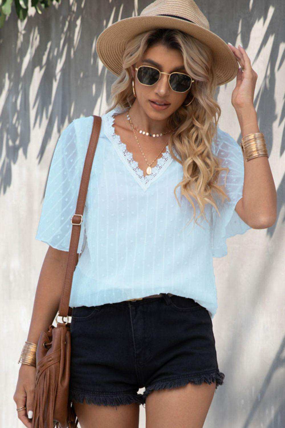 Swiss Dot Lace Trim Flutter Sleeve V-Neck Blouse - Trendsi - Flyclothing LLC