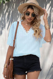 Swiss Dot Lace Trim Flutter Sleeve V-Neck Blouse - Trendsi