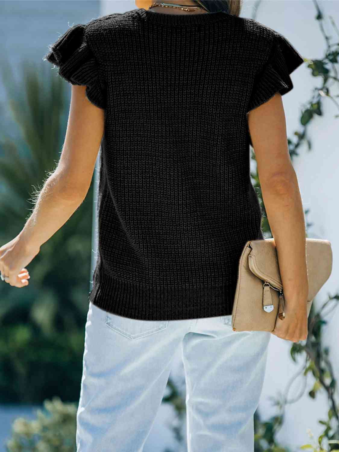 Round Neck Cap Sleeve Sweater - Trendsi - Flyclothing LLC