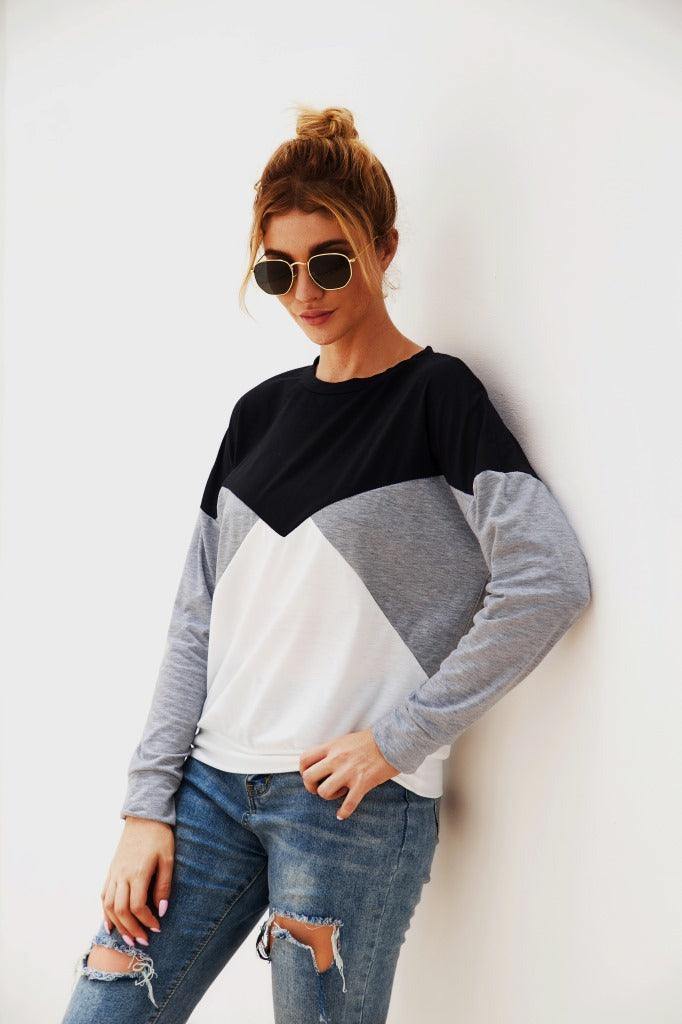 Color Block Round Neck Long Sleeve Top - Trendsi
