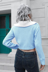Contrast Collared Cropped Sweater - Trendsi