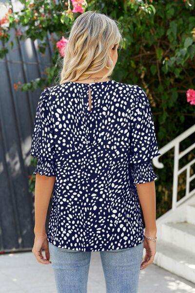 Polka Dot Round Neck Lantern Sleeve Blouse - Trendsi - Flyclothing LLC