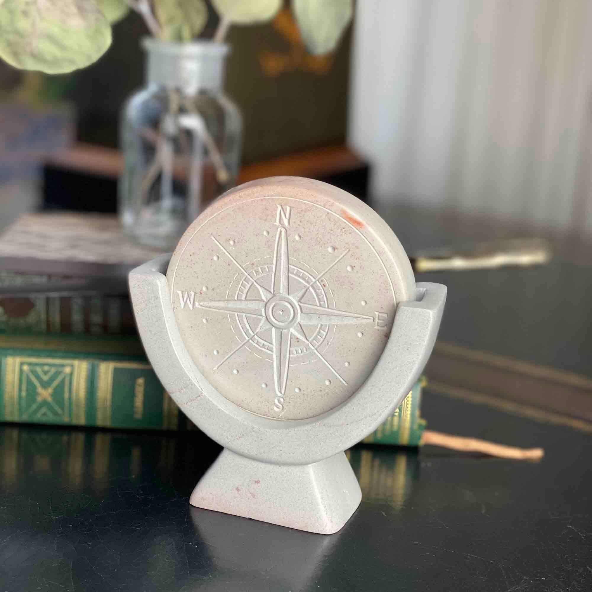 Compass Soapstone Sculpture, Light Gray Stone - SMOLArt