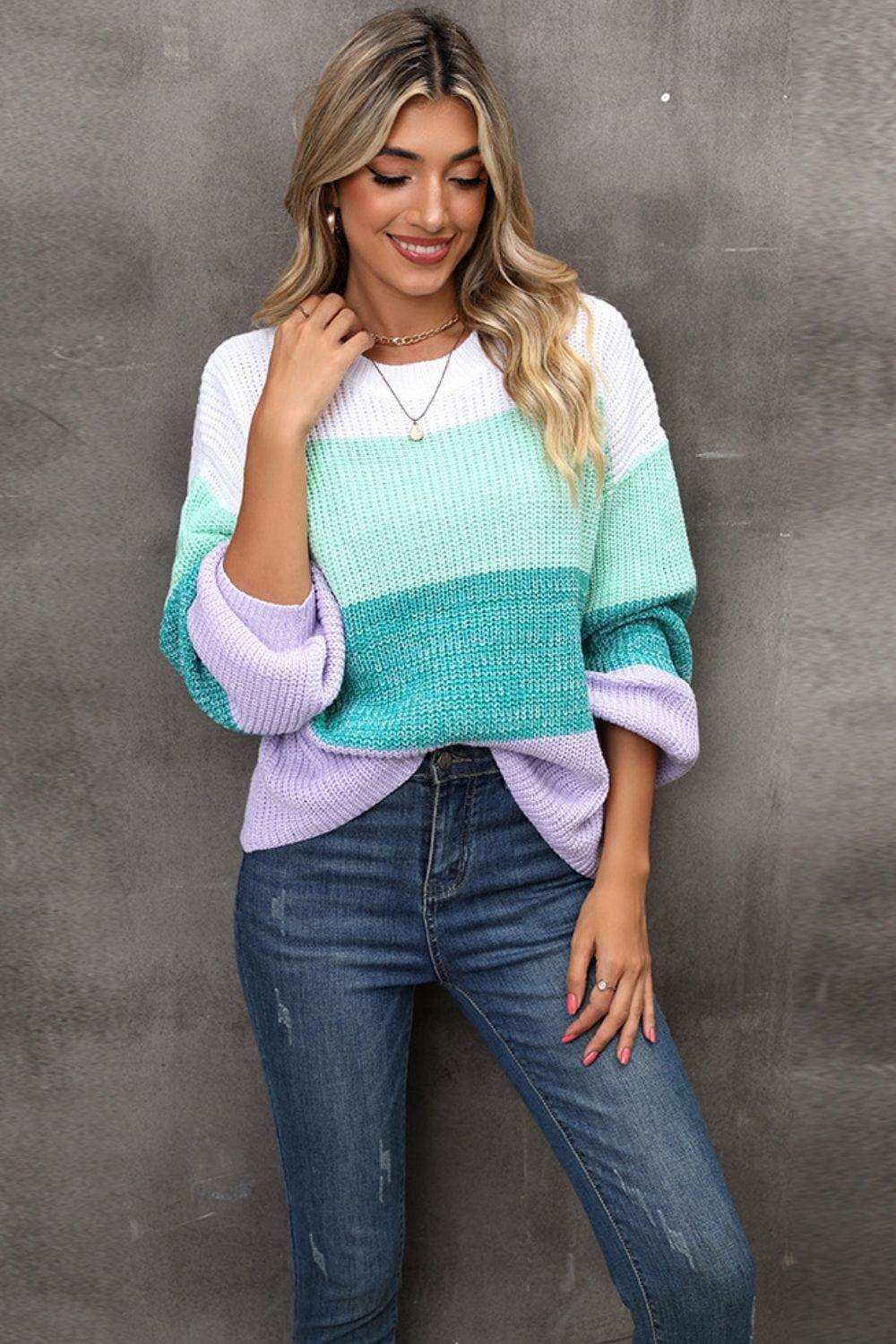 Color Block Round Neck Dropped Shoulder Sweater - Trendsi - Flyclothing LLC