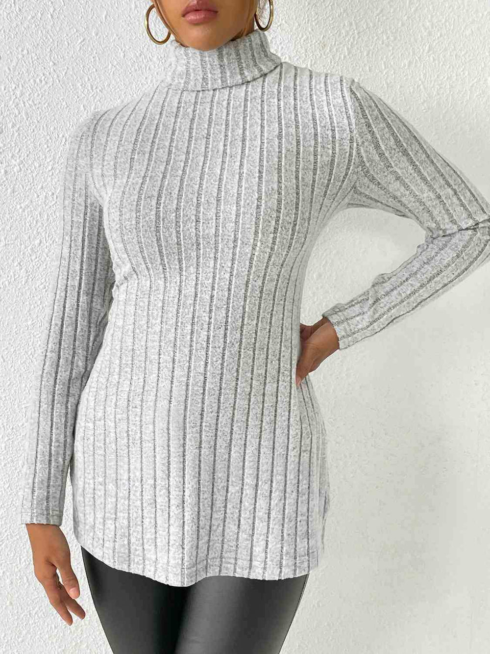 Ribbed Turtleneck Long Sleeve Slit T-Shirt - Trendsi - Flyclothing LLC