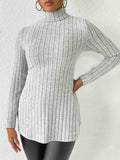 Ribbed Turtleneck Long Sleeve Slit T-Shirt - Trendsi - Flyclothing LLC