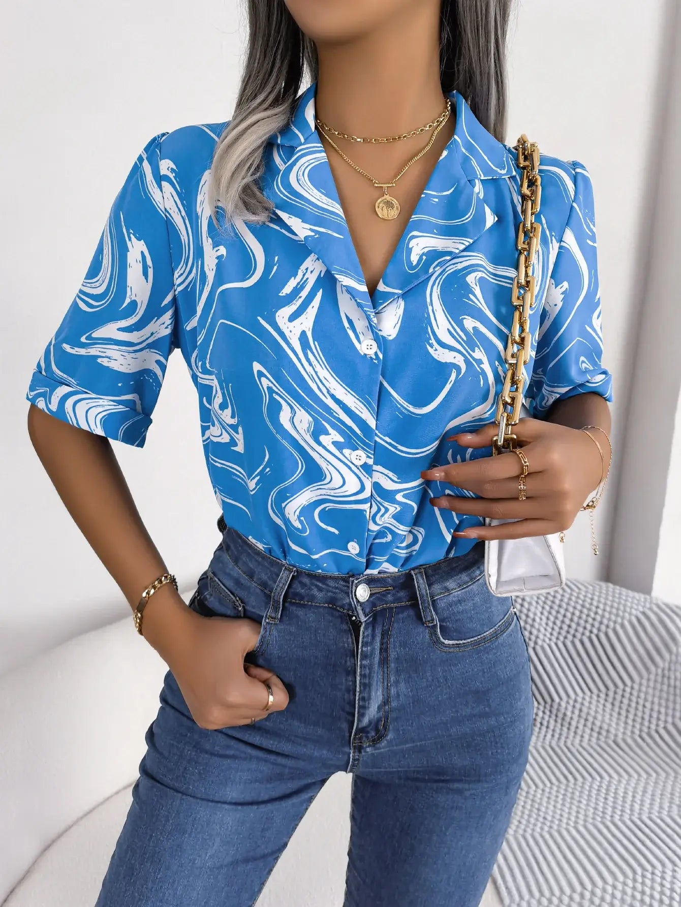 Printed Lapel Collar Shirt - Trendsi - Flyclothing LLC