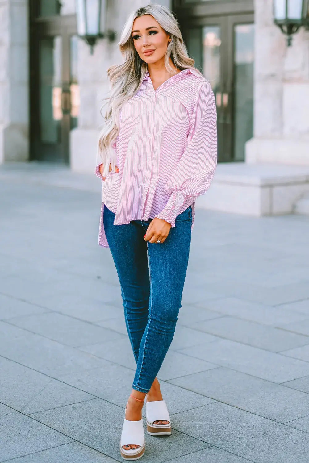 Striped Lantern Sleeve Collared Shirt - Trendsi - Flyclothing LLC
