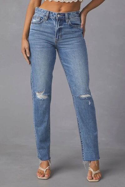Distressed Raw Hem Straight Jeans with Pockets - Trendsi