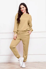 Round Neck Long Sleeve Sweatshirt and Pants Set - Trendsi - Flyclothing LLC