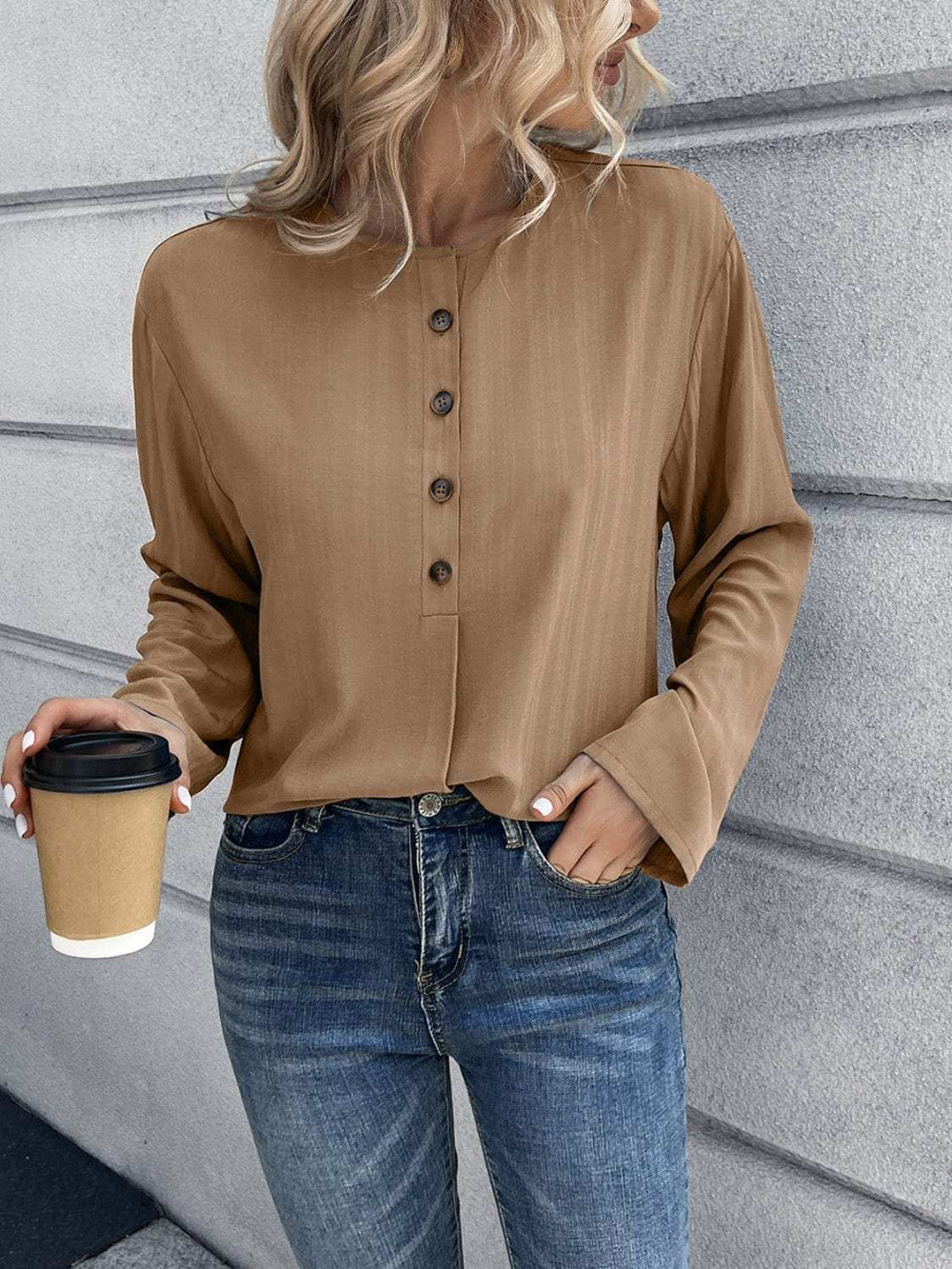 Half Button Long Sleeve Blouse - Trendsi - Flyclothing LLC