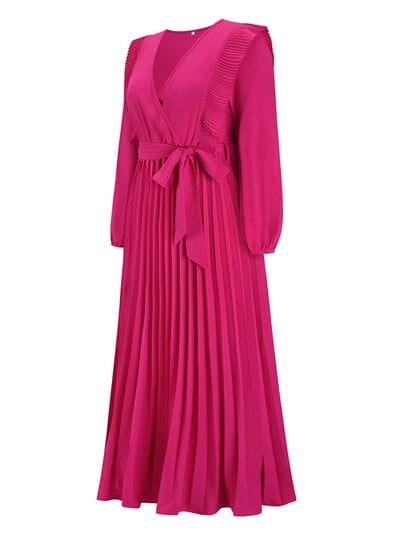 Pleated Surplice Tie Waist Maxi Dress - Trendsi