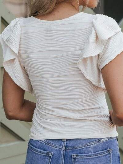 Textured Ruffled Round Neck T-Shirt - Trendsi - Flyclothing LLC
