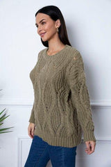 Round Neck Dropped Shoulder Sweater - Trendsi