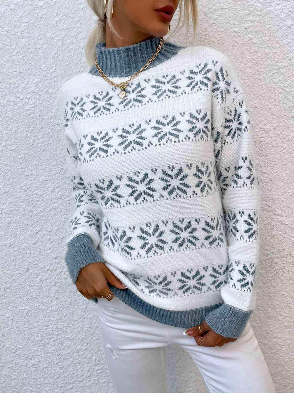 Snowflake Pattern Mock Neck Sweater - Trendsi - Flyclothing LLC