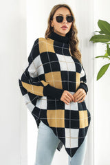 Plaid Turtleneck Dolman Sleeve Poncho - Trendsi