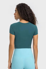 Round Neck Short Sleeve Cropped Sports T-Shirt - Trendsi - Flyclothing LLC