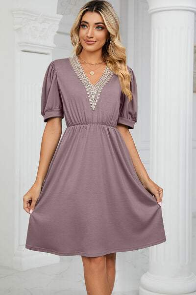 V-Neck Puff Sleeve Dress - Trendsi - Flyclothing LLC